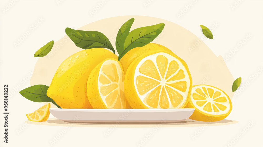 Fresh lemons displayed on plate, showcasing their vibrant yellow color and zesty appeal. leaves add touch of freshness to this delightful arrangement. Fresh lemons displayed on plate, showcasing their vibrant yellow color and zesty appeal. leaves add touch of freshness to this delightful arrangement.