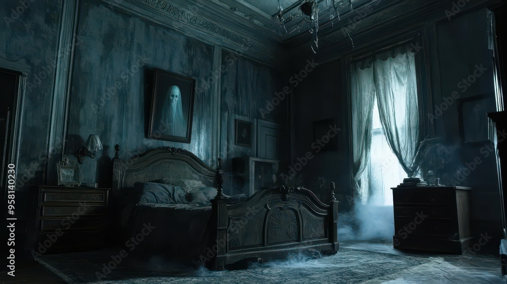 Eerie and Mysterious Abandoned Bedroom in an Old Mansion Eerie and Mysterious Abandoned Bedroom in an Old Mansion
