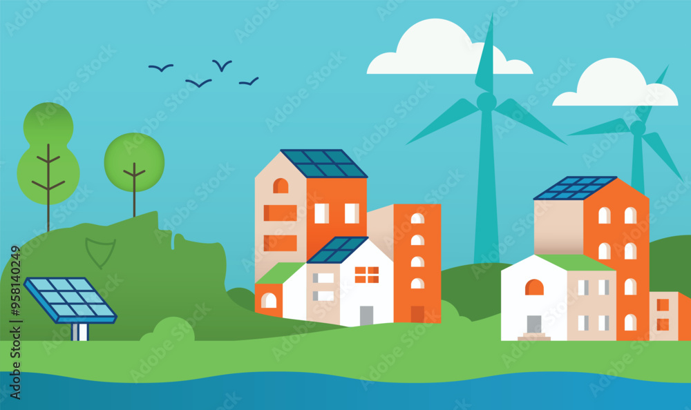 Vector concept Related to Buildings with Solar Panels and Wind Turbine, Harmony of Smart City and Nature. Flat illustration with linear elements Vector concept Related to Buildings with Solar Panels and Wind Turbine, Harmony of Smart City and Nature. Flat illustration with linear elements