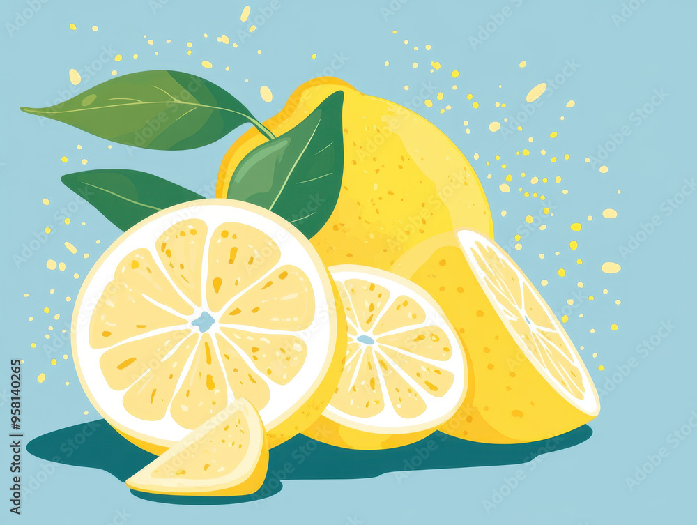 Fresh lemon slices bursting with tangy flavor and vibrant yellow color, surrounded by leaves and playful splash of juice. Fresh lemon slices bursting with tangy flavor and vibrant yellow color, surrounded by leaves and playful splash of juice.