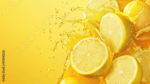 Fresh lemons burst with juice in vibrant splash against bright yellow background, creating refreshing and lively visual.