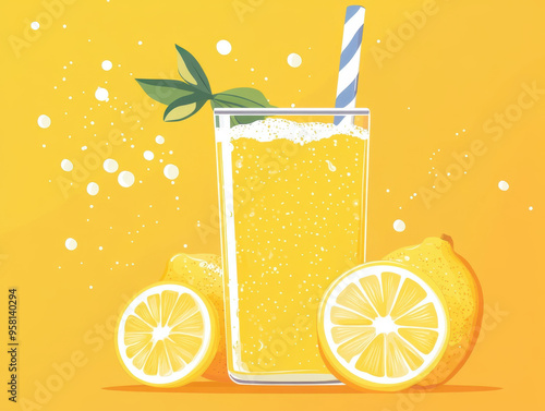 Refreshing lemon drink with bubbles and fresh lemons on bright yellow background. Perfect for sunny day!