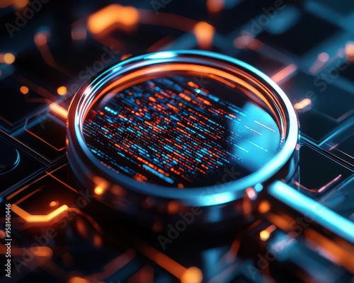 Close-up of a magnifying glass examining digital data on an illuminated circuit board, representing cybersecurity and technology analysis.