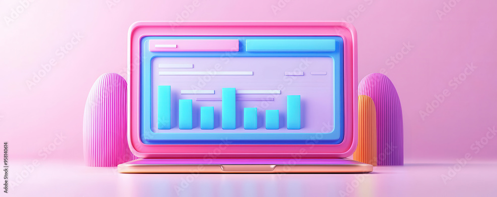 Colorful 3D laptop displaying business analytics and statistics with bar charts on a vibrant pink background. Colorful 3D laptop displaying business analytics and statistics with bar charts on a vibrant pink background.
