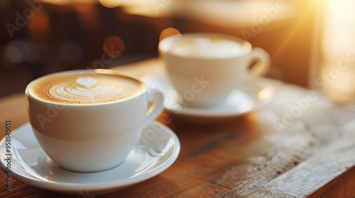 Two cups of coffee with intricate latte art on a wooden table during a romantic date. Warm sunlight enhances the cozy, inviting atmosphere, symbolizing love and connection in stylish cafe setting.