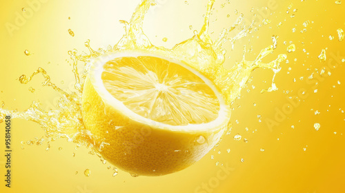 Fresh lemon splashing in vibrant yellow liquid, showcasing zesty flavor and energetic splashes. photo