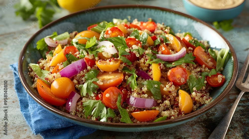 A vibrant salad featuring cooked quinoa tossed with roasted bell peppers, cherry tomatoes, red onions, and a lemon tahini dressing A vibrant salad featuring cooked quinoa tossed with roasted bell peppers, cherry tomatoes, red onions, and a lemon tahini dressing