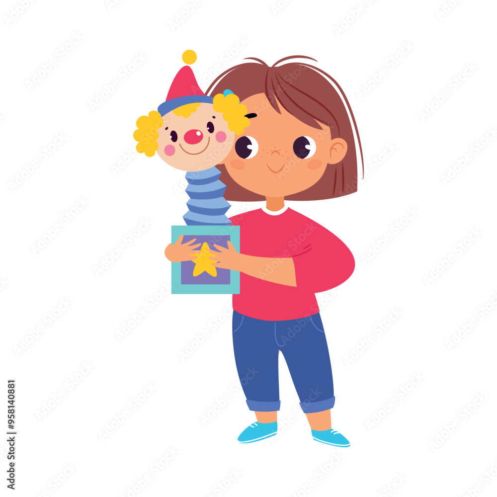 Girl Character Play Toy Clown in Box Vector Illustration Girl Character Play Toy Clown in Box Vector Illustration