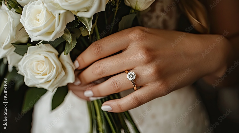 Bride's hand wearing a gold diamond engagement ring, gently holding a bouquet of white roses, intimate close-up Bride's hand wearing a gold diamond engagement ring, gently holding a bouquet of white roses, intimate close-up