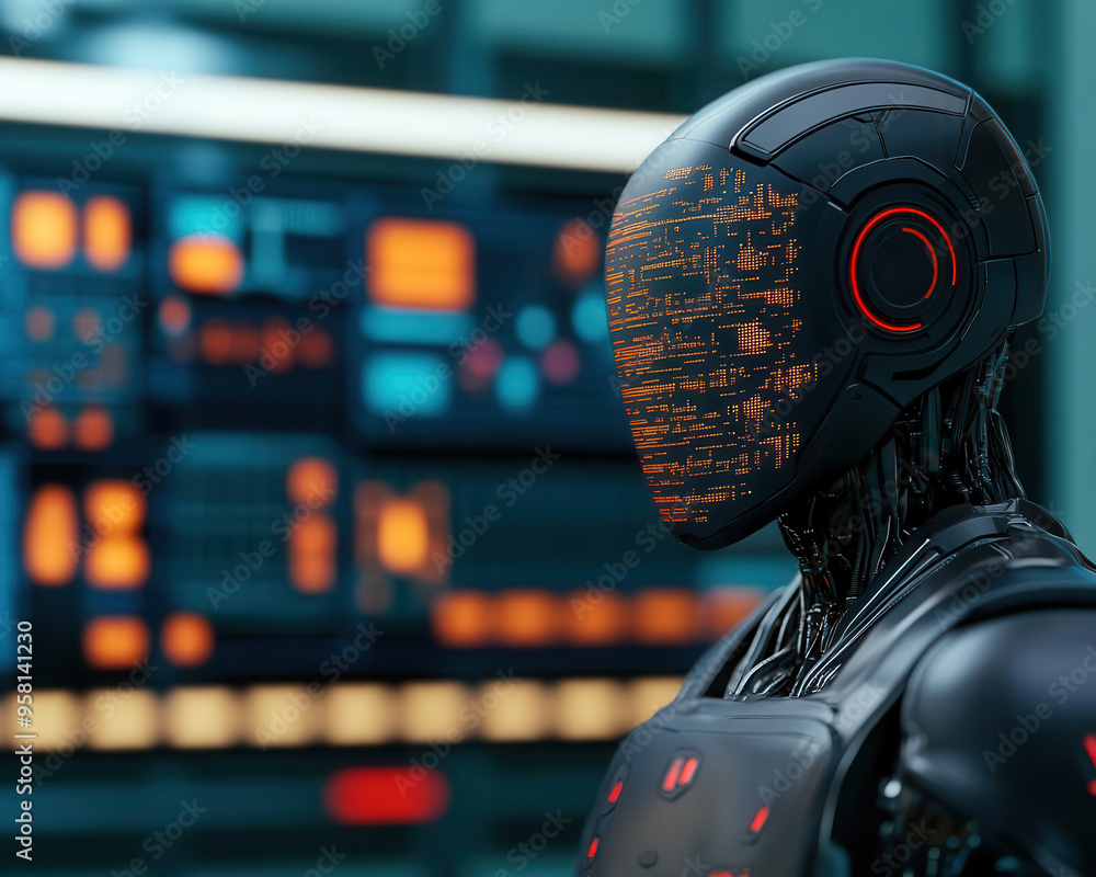 Futuristic robot with digital interface, AI technology concept, high-tech artificial intelligence in modern control room. Futuristic robot with digital interface, AI technology concept, high-tech artificial intelligence in modern control room.