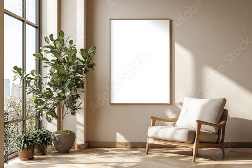 Poster Frame in Beige minimalist living room interior created with generative AI