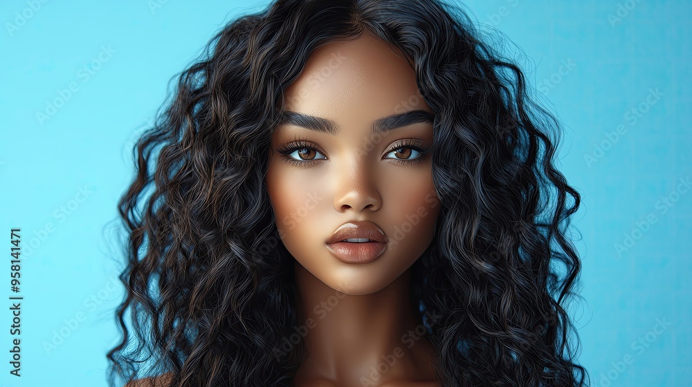 A close-up portrait of a young woman with curly hair, showcasing beauty against a blue background. A close-up portrait of a young woman with curly hair, showcasing beauty against a blue background.
