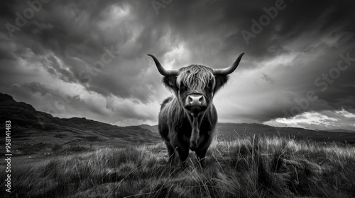 Black and white monochrome highland cow photo. Landscape photo of meadows with a highland cow in black and white aesthetic.