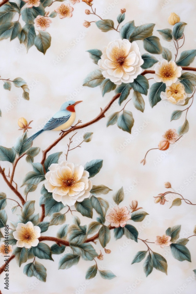 Obraz premium Silk wall art featuring Chinoiserie illustrations, richly decorated with ceramic accents.