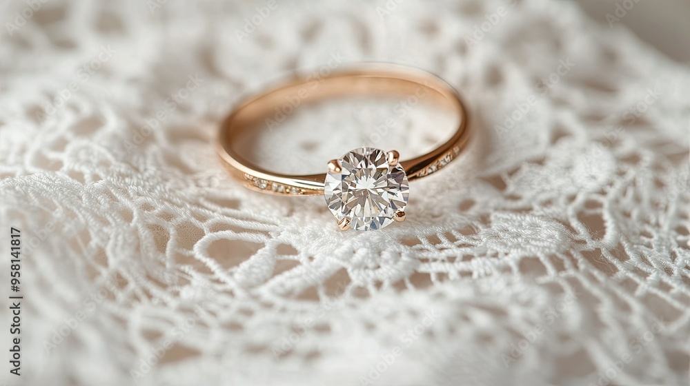 Gold diamond engagement ring displayed on a white lace doily, evoking a sense of elegance and tradition Gold diamond engagement ring displayed on a white lace doily, evoking a sense of elegance and tradition
