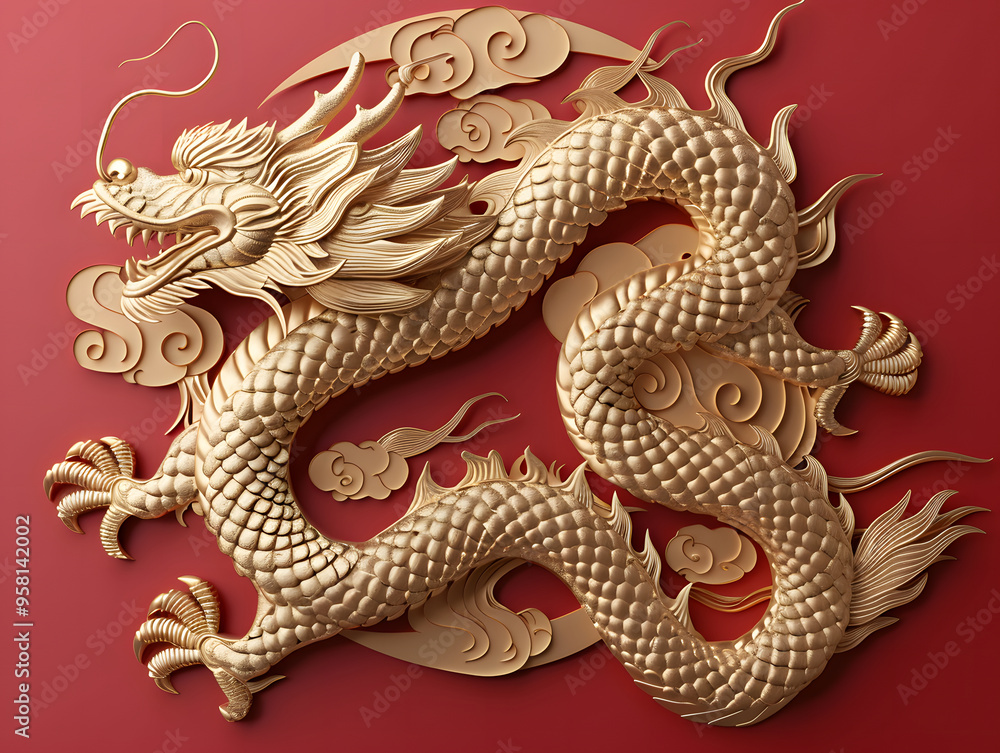 Fototapeta premium Golden Dragon on red background 