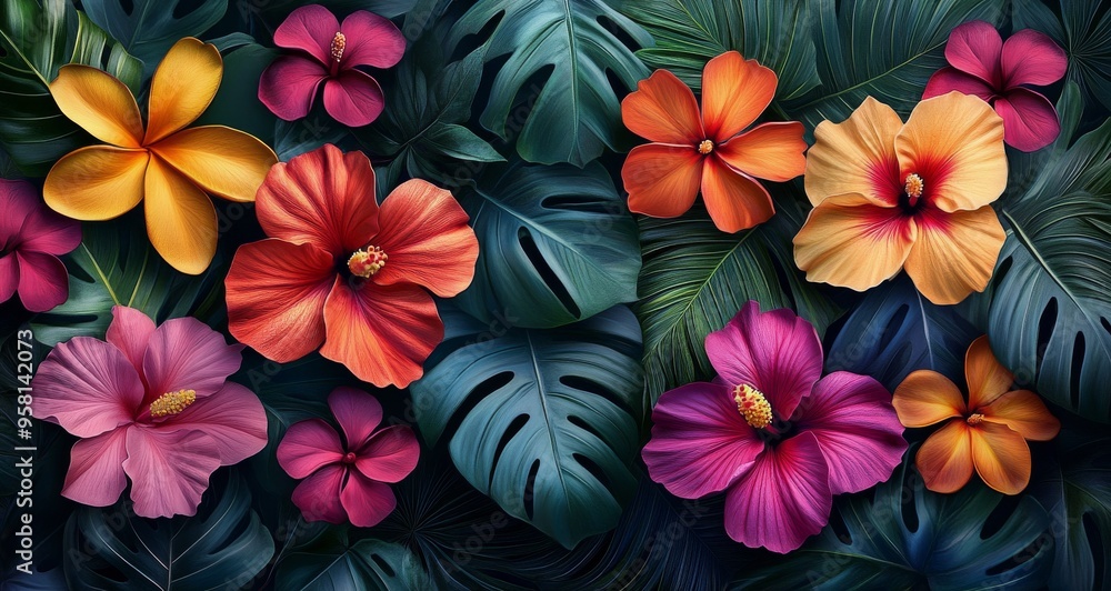 Vibrant tropical flowers and lush green leaves in a colorful floral arrangement Vibrant tropical flowers and lush green leaves in a colorful floral arrangement