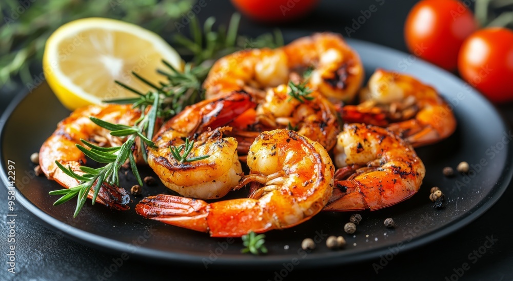 Grilled shrimp and cherry tomatoes garnished with fresh herbs and lemon slices on a plate Grilled shrimp and cherry tomatoes garnished with fresh herbs and lemon slices on a plate
