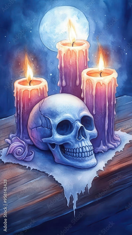 Spooky night setting with skull and burning candles under a full moon, evoking a mysterious and eerie atmosphere perfect for Halloween themes. Spooky night setting with skull and burning candles under a full moon, evoking a mysterious and eerie atmosphere perfect for Halloween themes.