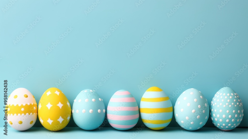 Row of pastel-colored Easter eggs with unique patterns, lined up on light blue background. Clean and minimalistic design simplicity, beauty soft colors, perfect for spring celebrations. Row of pastel-colored Easter eggs with unique patterns, lined up on light blue background. Clean and minimalistic design simplicity, beauty soft colors, perfect for spring celebrations.