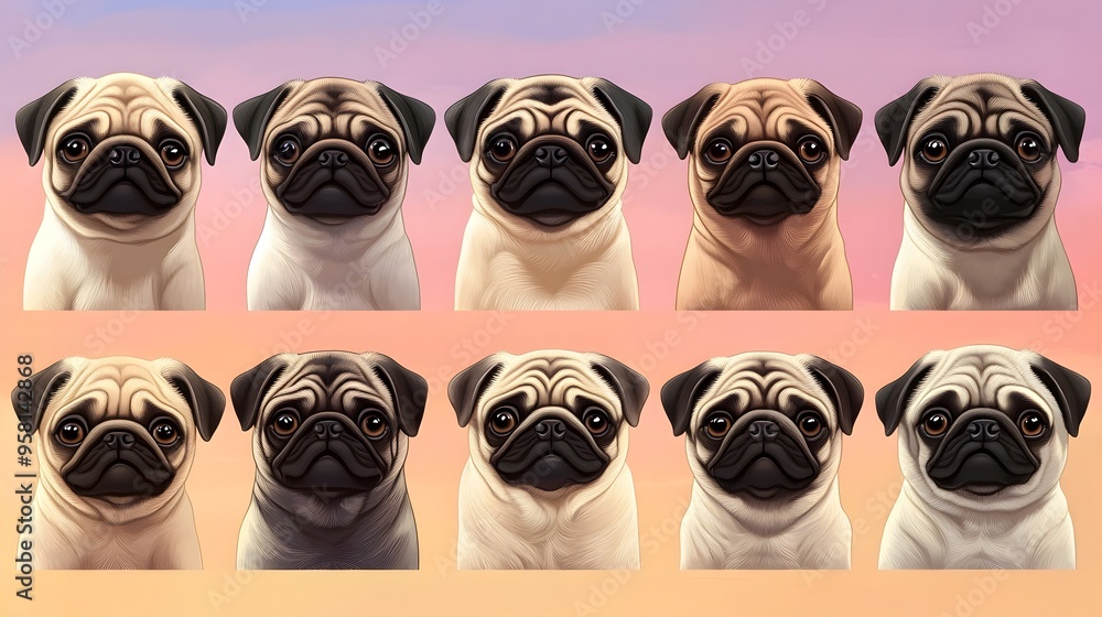 Charming Cartoon Pugs in Dreamy Pastel Backdrop Charming Cartoon Pugs in Dreamy Pastel Backdrop