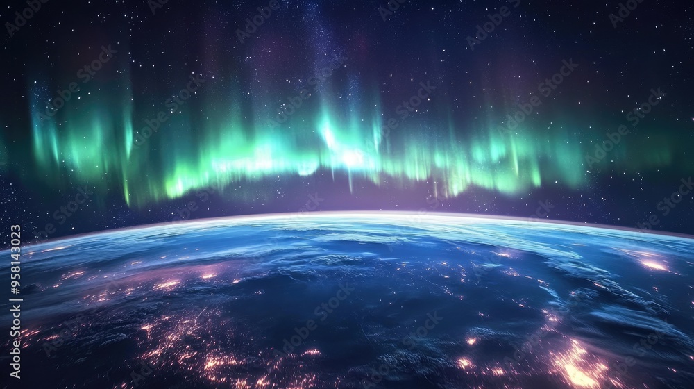 Obraz premium Northern Lights, Aurora Borealis, shimmering above Earth's horizon, a breathtaking display of nature's beauty seen from space