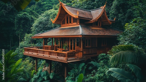 A serene shot of a Thai wooden house with a raised platform and a sloping roof, set against a backdrop of tropical plants, symbolizing harmony with nature. Plenty of space for copy. photo