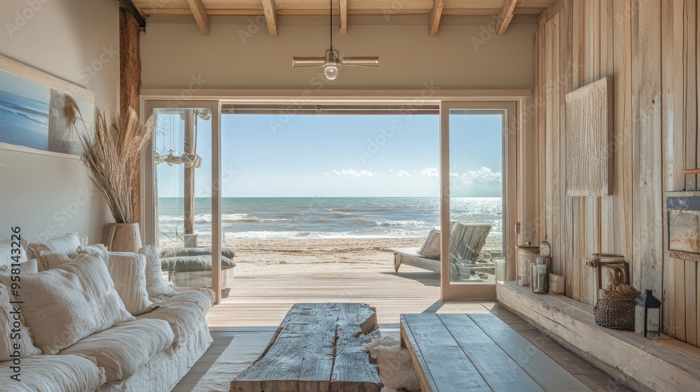 Fototapeta premium A rustic beach house with driftwood decor, large glass doors opening to the beach, and soft waves lapping at the shore, highlighting the natural charm of coastal living. Ample copy space for text.