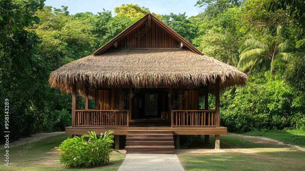 A Thai wooden house with a thatched roof and open-air design, perfect for tropical climates, highlighting the practicality and beauty of traditional Thai architecture. Ample copy space. A Thai wooden house with a thatched roof and open-air design, perfect for tropical climates, highlighting the practicality and beauty of traditional Thai architecture. Ample copy space.