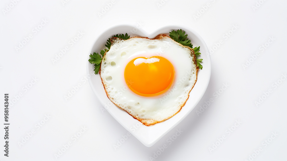 Fried eggs on a heart-shaped plate on a white background, a symbol of love, food for a healthy diet Fried eggs on a heart-shaped plate on a white background, a symbol of love, food for a healthy diet