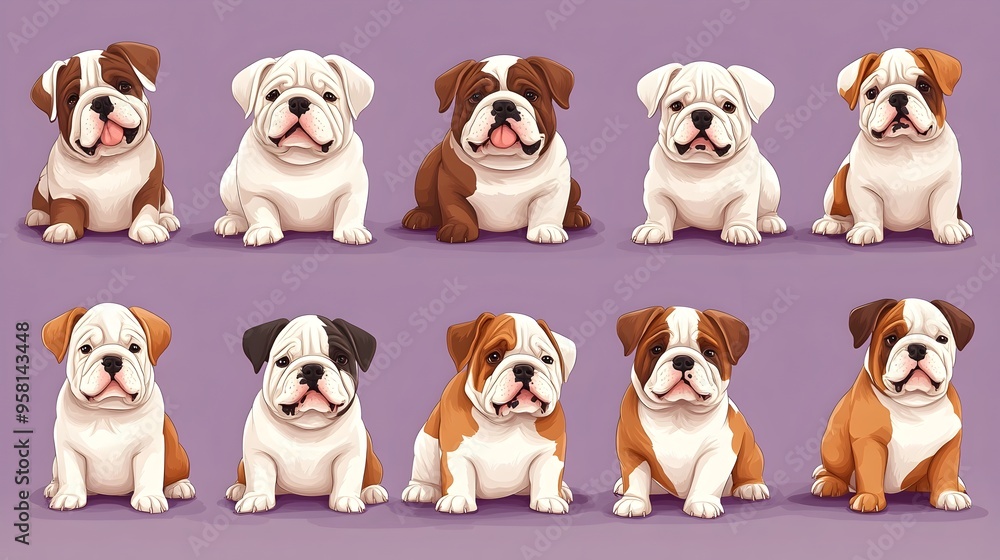 Cartoon Style English Bulldog Puppies in Calming Lavender Background Cartoon Style English Bulldog Puppies in Calming Lavender Background