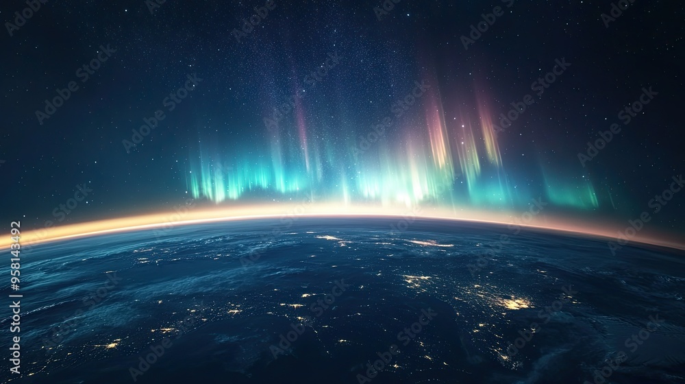Obraz premium Stunning view of the Northern Lights, Aurora Borealis, illuminating Earth from space, with vibrant colors dancing over the polar regions