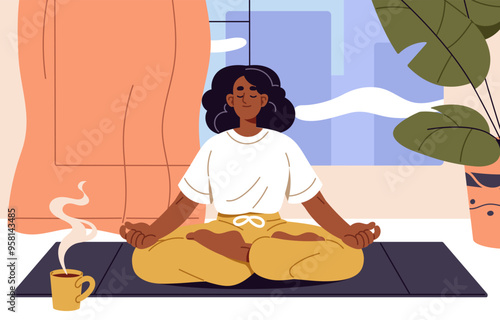 Meditation in morning routine. Young woman sits in lotus pose, goes yoga. Girl relaxes, practices balance and breathing exercises in asana. Sport for mental health, wellbeing. Flat vector illustration