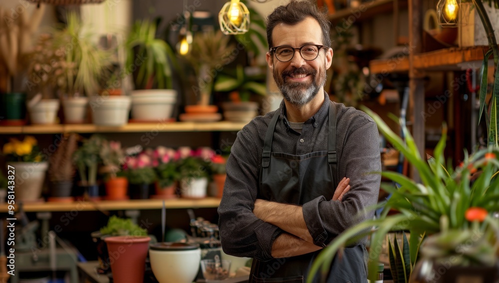 Standing confidently at the counter inside a plant shop. Small business owner at the entrance of their shop, looking confidently at the camera Standing confidently at the counter inside a plant shop. Small business owner at the entrance of their shop, looking confidently at the camera