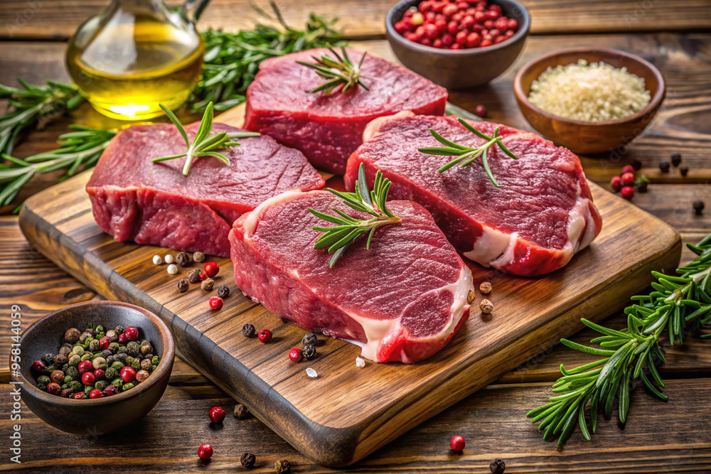 Fresh raw beef steaks on a wooden cutting board Fresh raw beef steaks on a wooden cutting board