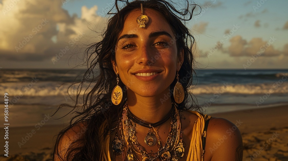 Joyful Woman with Wavy Hair and Bohemian Jewelry Smiling at the Beach in Natural Light Joyful Woman with Wavy Hair and Bohemian Jewelry Smiling at the Beach in Natural Light