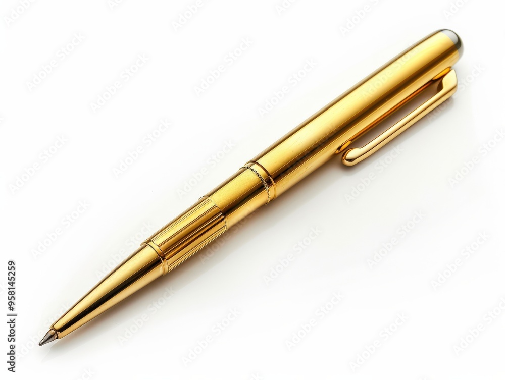 Gold Pen. Isolated Writing Instrument with Elegant Gold Finish on White Background Gold Pen. Isolated Writing Instrument with Elegant Gold Finish on White Background