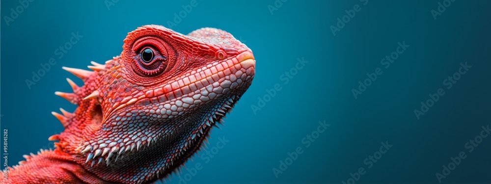 A tight shot of a lizard's head against a blue backdrop, featuring a blue sky in the background A tight shot of a lizard's head against a blue backdrop, featuring a blue sky in the background