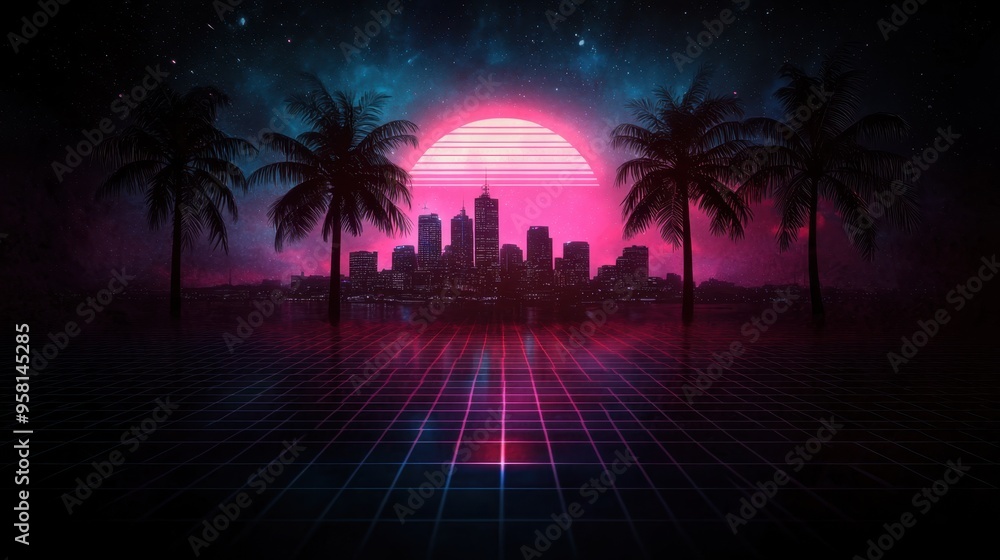 Naklejka premium Retro Wave Melbourne Skyline with Palm Trees in Late 80s Colors - Urban Landscape Design