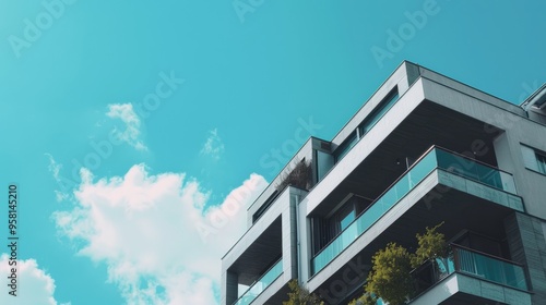 Minimalist and modern real estate banner with an illustration of a luxury residence against the backdrop of a blue sky with which can be used as a space for text, images and marketing content.