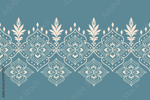 A seamless border pattern in blue and white with intricate floral motifs and geometric shapes. This traditional design adds a touch of elegance and sophistication to any interior space.