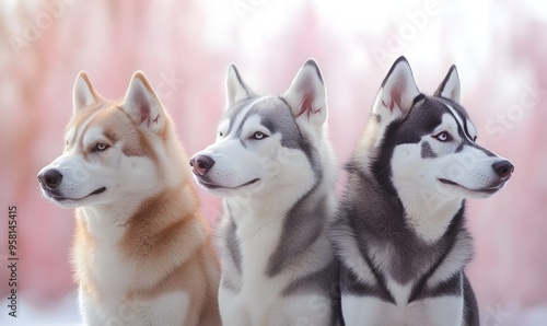 Charming Huskies Trio in Soft Pastel Winter Background