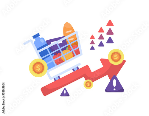 inflation concept. rising prices of basic necessities. increasingly expensive prices of goods. illustration of a shopping cart carrying groceries with an upward arrow. economic problems. flat style