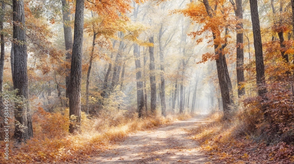 A peaceful autumn forest scene with golden leaves covering the path. Sunlight filters through the trees, creating a warm, serene atmosphere, perfect for a quiet walk in nature during fall A peaceful autumn forest scene with golden leaves covering the path. Sunlight filters through the trees, creating a warm, serene atmosphere, perfect for a quiet walk in nature during fall