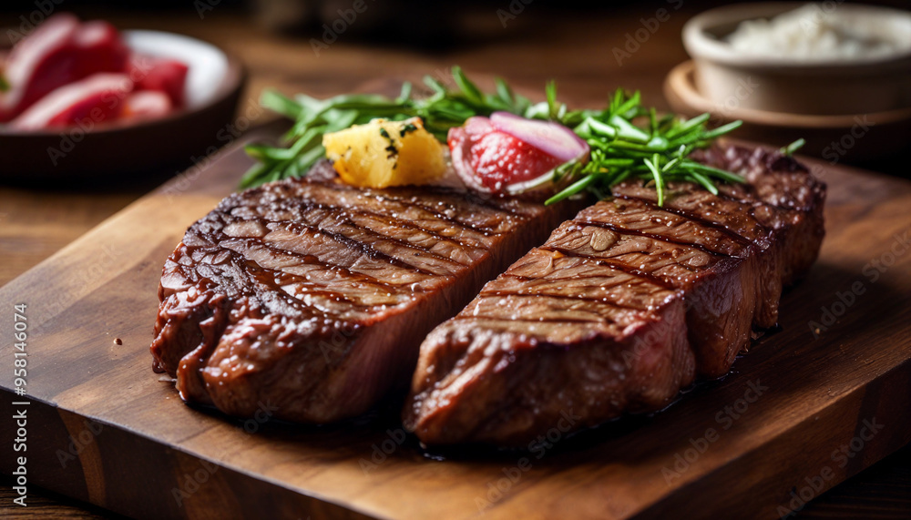 Grilled steak with herbs and fresh vegetables served on a wooden board in a cozy dining setting Grilled steak with herbs and fresh vegetables served on a wooden board in a cozy dining setting