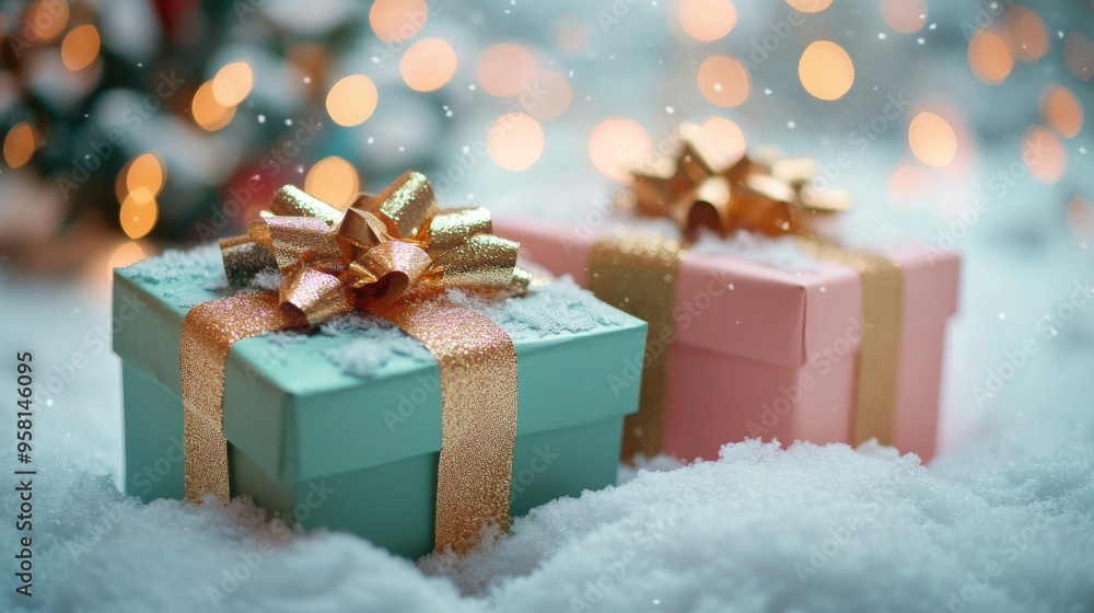 Colorful gift boxes resting on snow with sparkling lights in the background during winter season Colorful gift boxes resting on snow with sparkling lights in the background during winter season