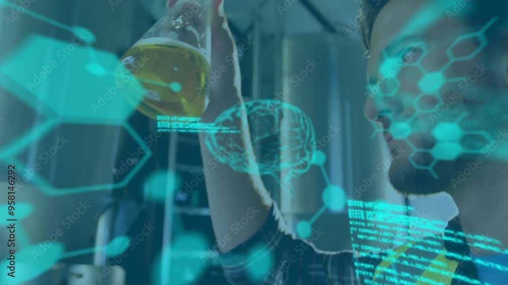 Examining flask, scientist with brain data processing animation over laboratory background Examining flask, scientist with brain data processing animation over laboratory background
