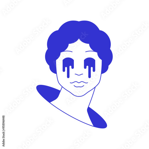 Y2k crying female goddess in hole contemporary pop art comic blue line icon vector flat illustration. Funky psychedelic antique woman gothic head monument with tears drops sketch t shirt print