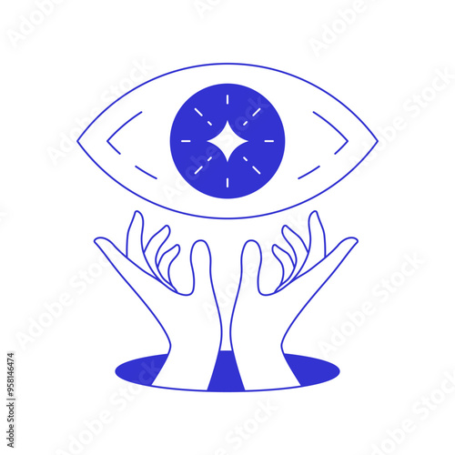Y2k psychedelic all seeing eye with human hands from hole blue line icon vector flat illustration. Comic bullseye awareness mindfulness touching contemporary pop art funky sketch t shirt print