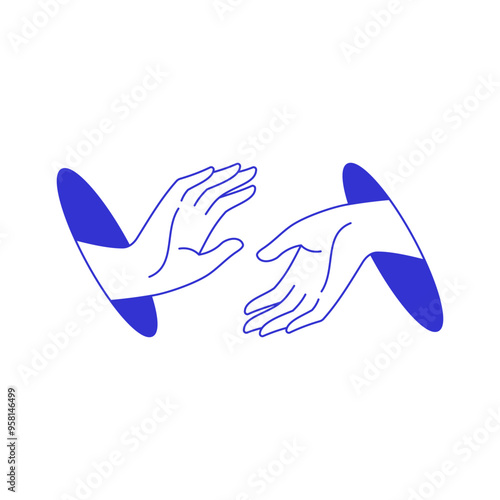 Y2k two hands connection to each other from hole contemporary pop art line icon vector flat illustration. Human arms touching together cooperation gesture psychedelic comic blue sketch funky print
